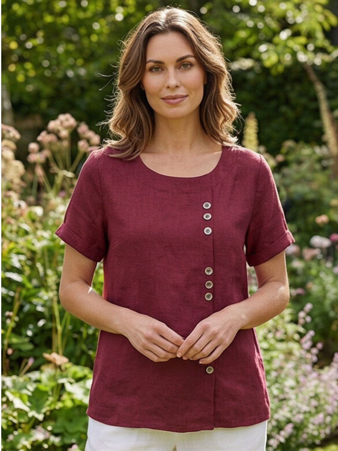 Foreen | Women's Casual Short Sleeve Top with Scoop Neck and Button Details