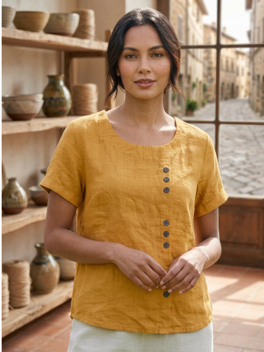 Foreen | Women's Casual Short Sleeve Top with Scoop Neck and Button Details