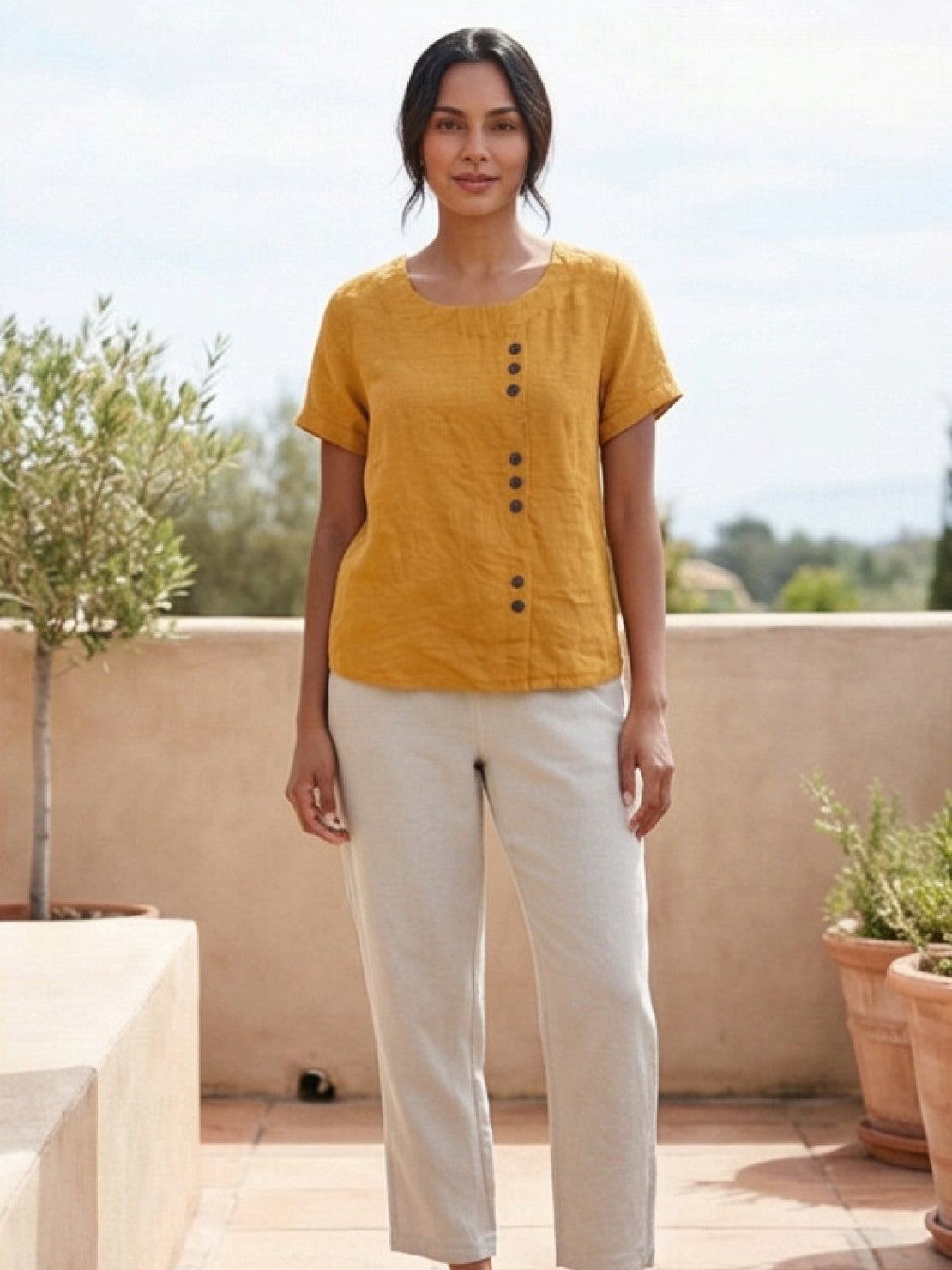 Foreen | Women's Short Sleeve Scoop Neck Top with Button Details