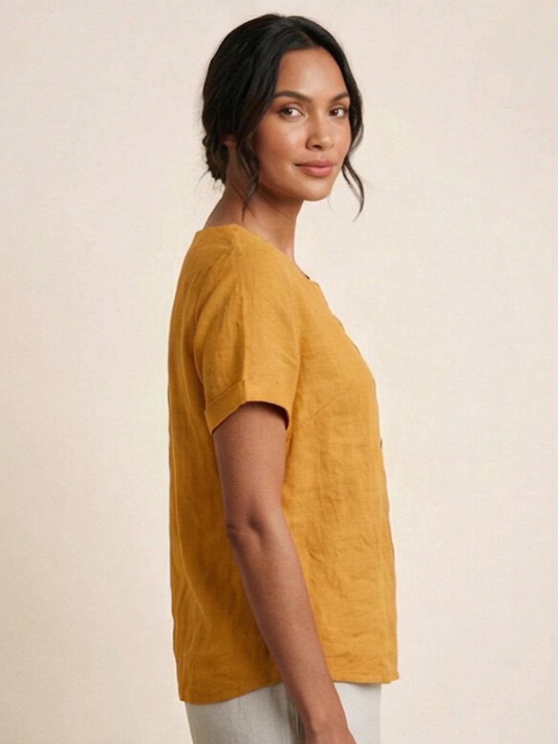 Foreen | Women's Short Sleeve Scoop Neck Top with Button Details