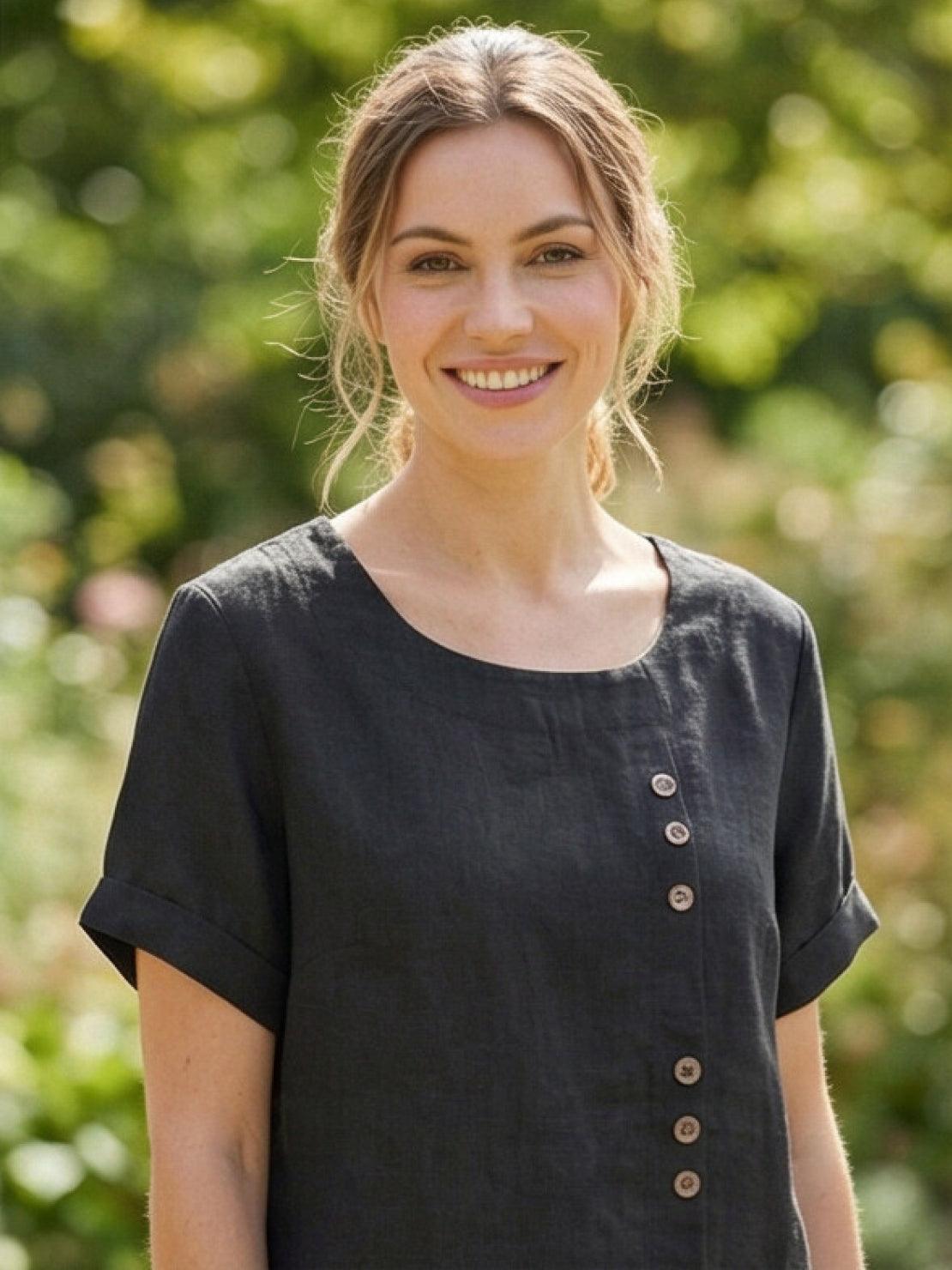 Foreen | Women's Short Sleeve Scoop Neck Top with Button Details