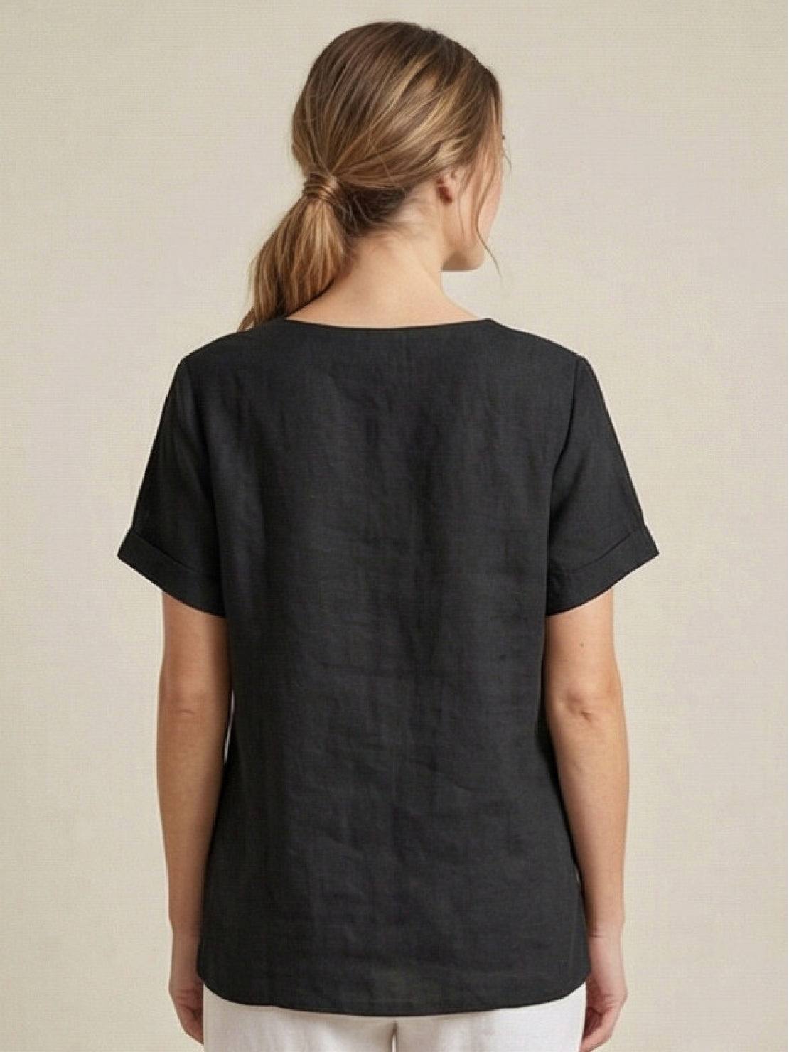 Foreen | Women's Short Sleeve Scoop Neck Top with Button Details