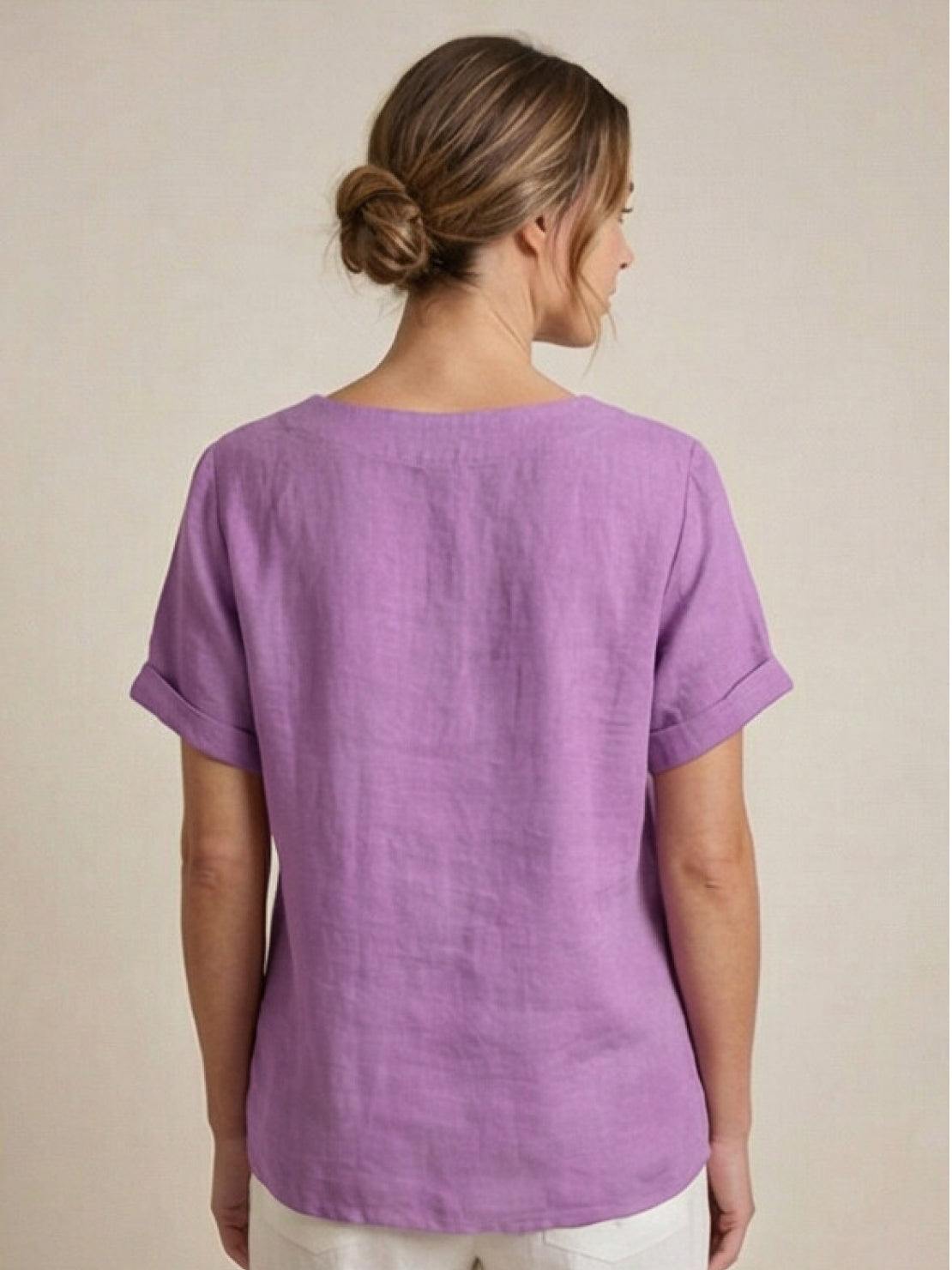 Foreen | Women's Casual Short Sleeve Top with Scoop Neck and Button Details