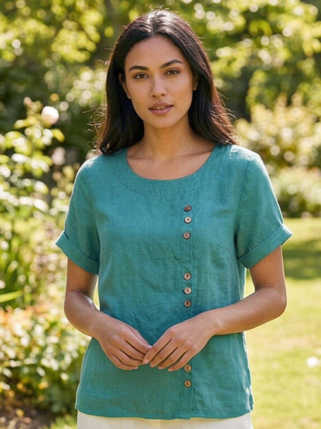 Foreen | Women's Short Sleeve Scoop Neck Top with Button Details