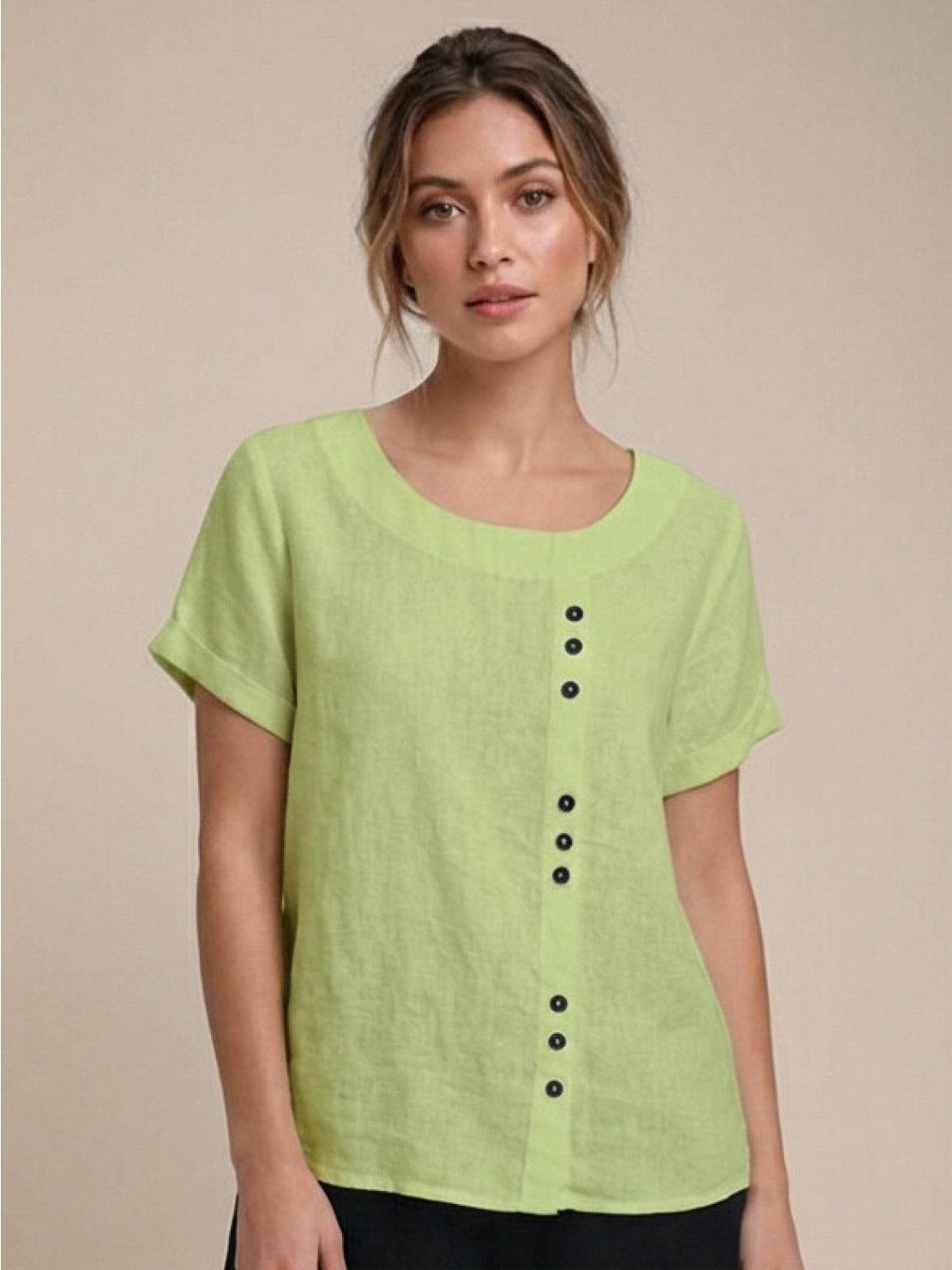 Foreen | Women's Short Sleeve Scoop Neck Top with Button Details