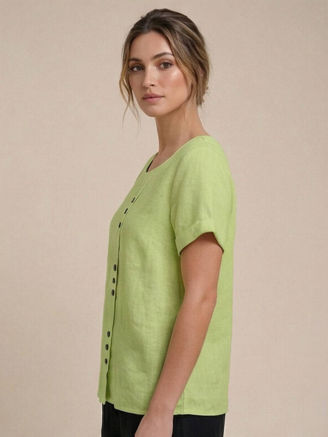 Foreen | Women's Short Sleeve Scoop Neck Top with Button Details