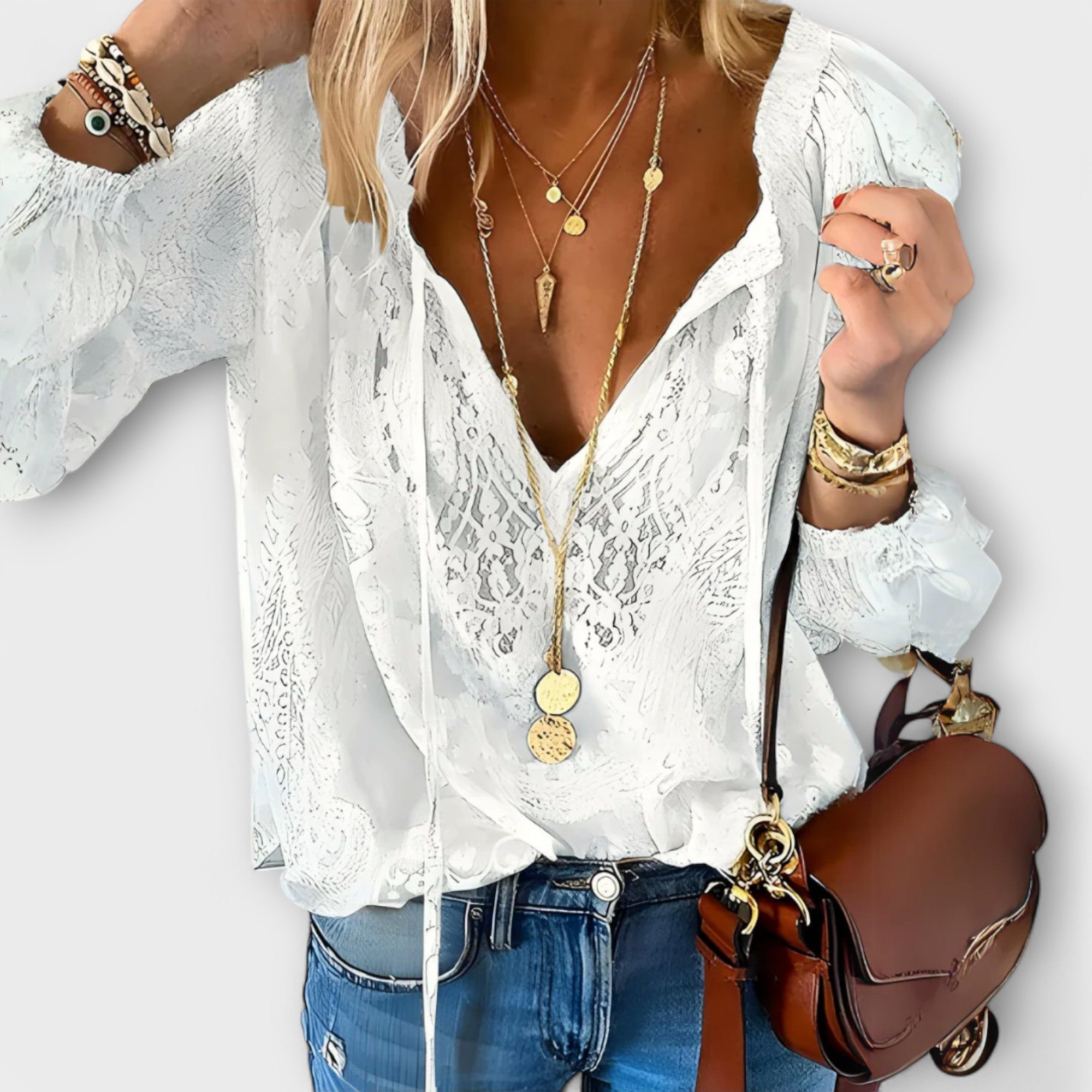 Rosalynn | Women's Long Sleeve Lace Blouse with V-Neck