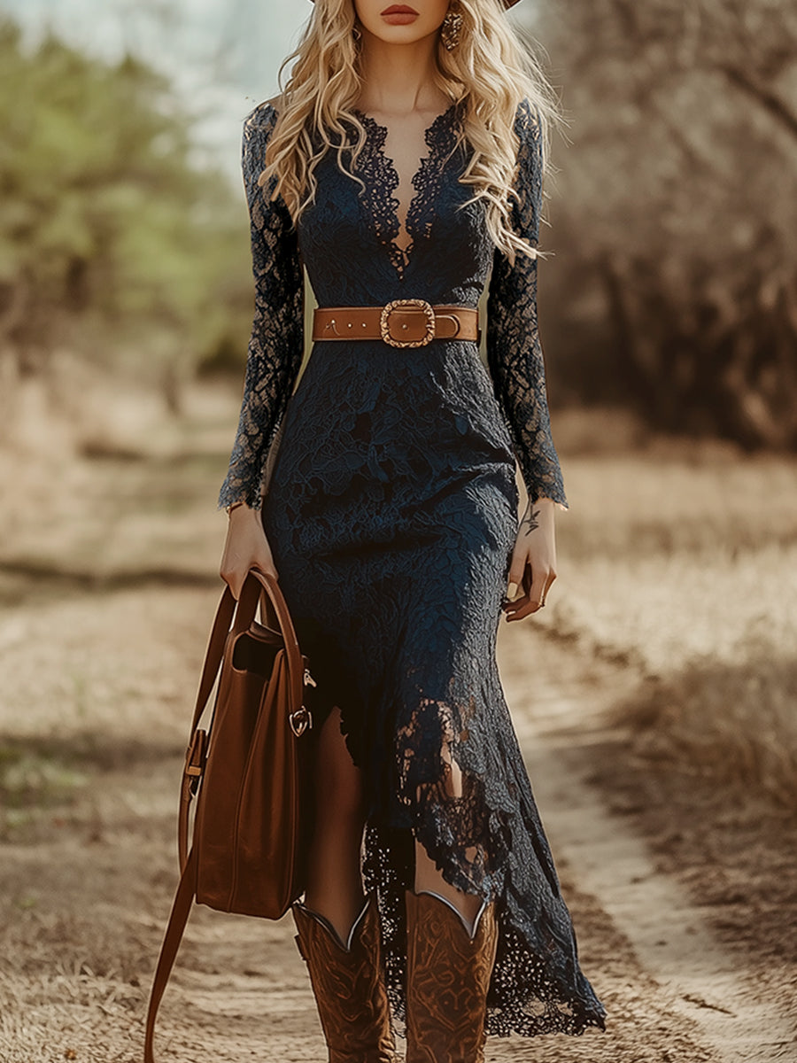 Rosemary | Women's Lace Midi Dress with Long Sleeves and V-Neck