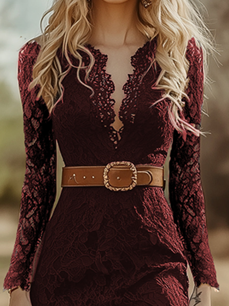 Rosemary | Women's Lace Midi Dress with Long Sleeves and V-Neck