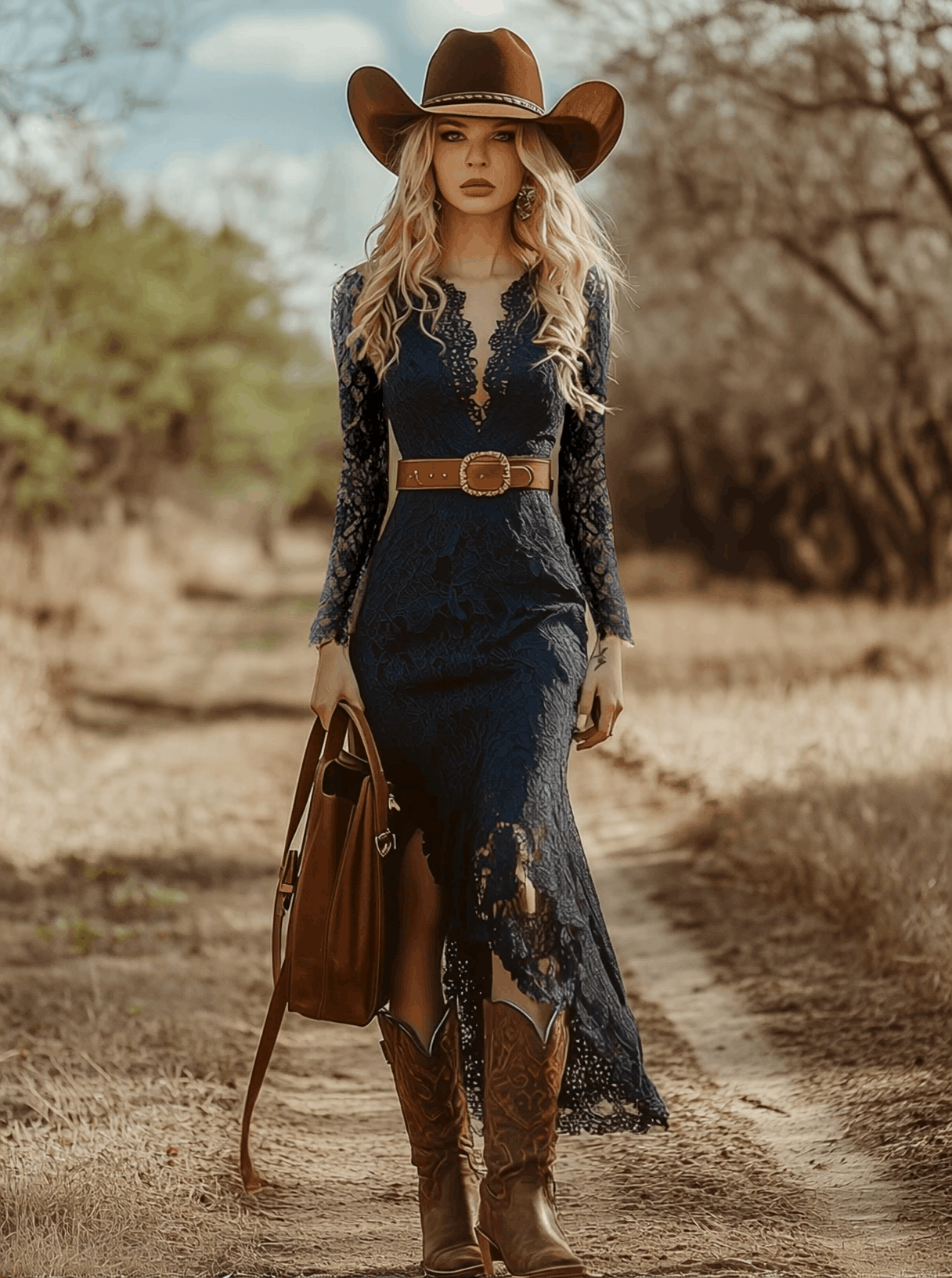 Rosemary | Women's Lace Midi Dress with Long Sleeves and V-Neck