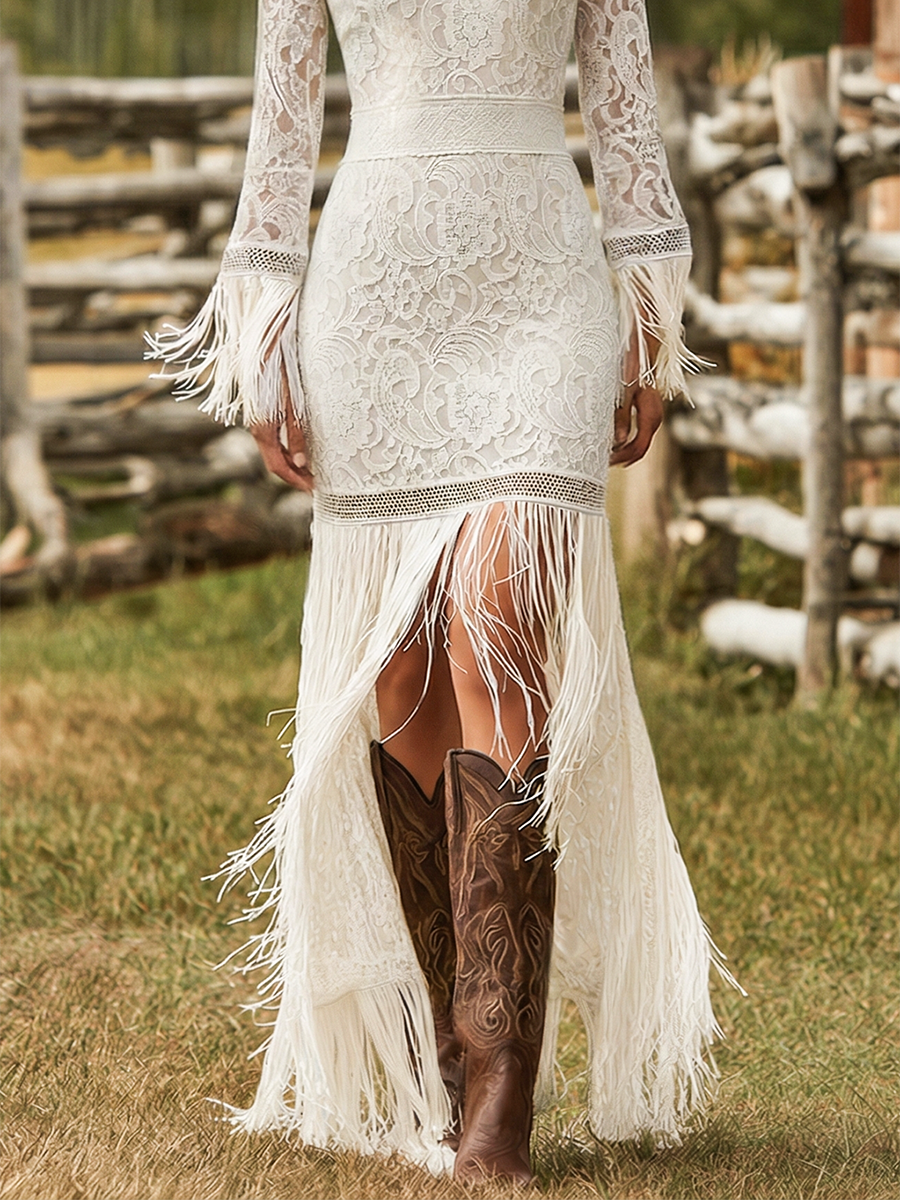 Serenity | Women's Long Sleeve V-Neck Maxi Dress with Tassels