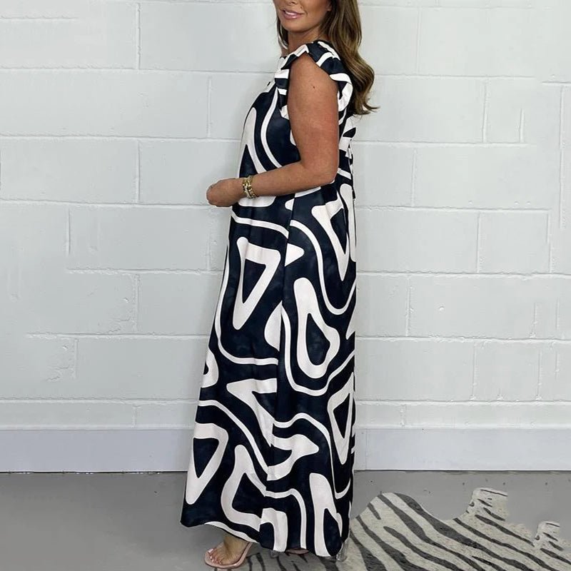 Nova | Women's V-Neck Wide Leg Jumpsuit with Abstract Print and Ruffle Sleeves