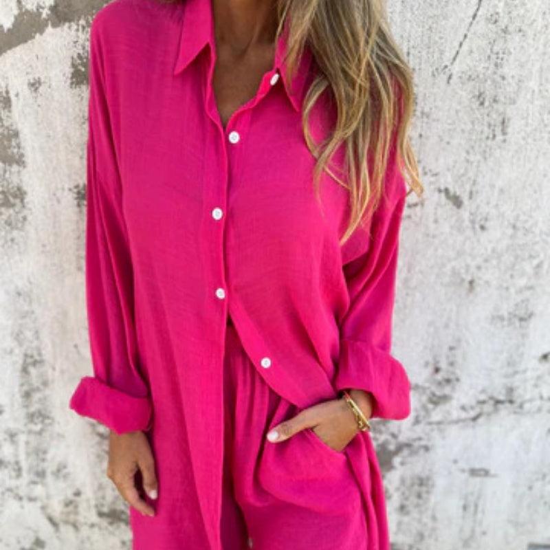 Funa | Women's Two-Piece Button-Up Shirt and Pant Ensemble
