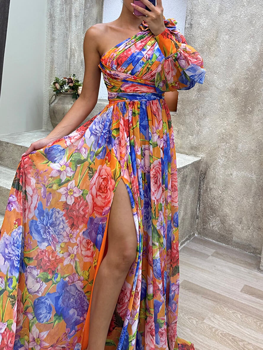 Theodora | Women's Floral Maxi Dress with One Shoulder Design