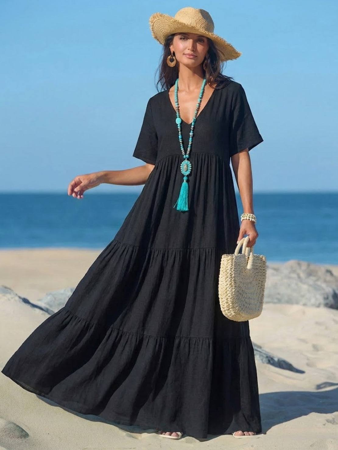Sienna | Women's Short Sleeve V-Neck Tiered Maxi Dress