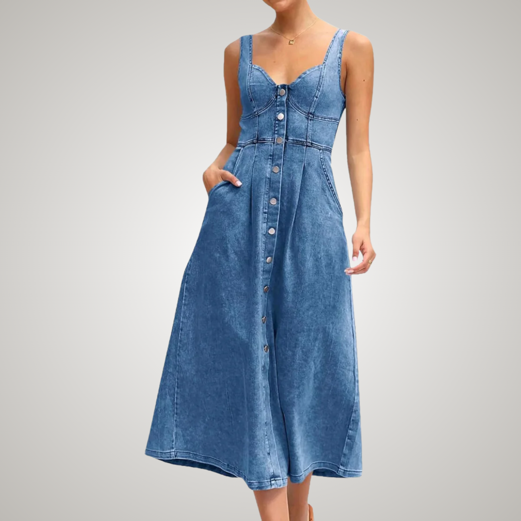 Cindy™ | Timeless Sleeveless Denim Dress with Button Front