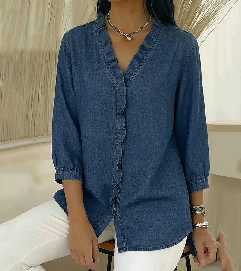 Zara | Women's 3/4 Sleeve V-Neck Blouse with Ruffle Details