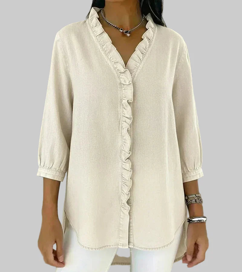 Zara | Women's 3/4 Sleeve V-Neck Blouse with Ruffle Details