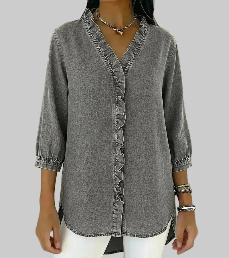 Zara | Women's 3/4 Sleeve V-Neck Blouse with Ruffle Details